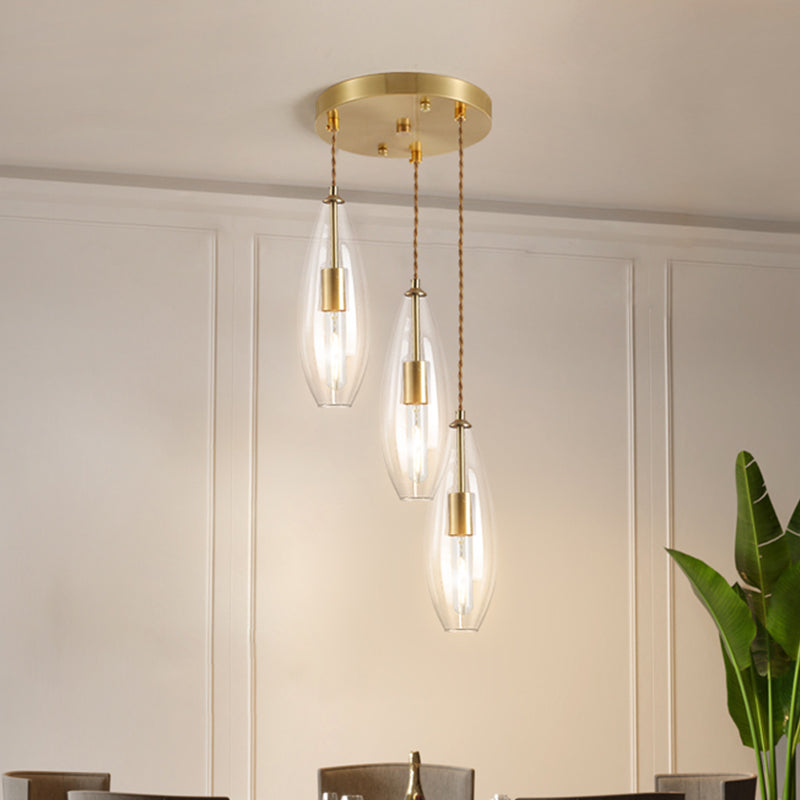 Modern Brass Waterdrop Multi Light Pendant With Clear Glass Suspension - 3 Bulbs | Round Canopy