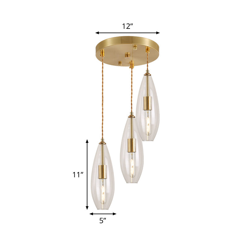 Modernist Brass Waterdrop Pendant Light with Clear Glass and 3 Bulbs – Stylish Suspended Lamp