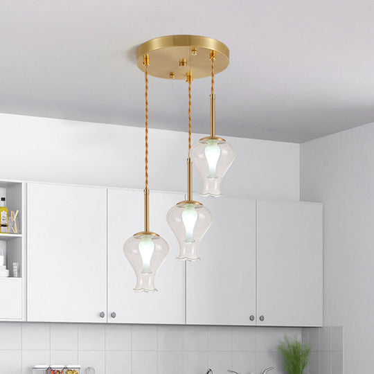Modern Clear Glass Vase Ceiling Pendant Light with Brass Accents - 3 Lights for Dining Room