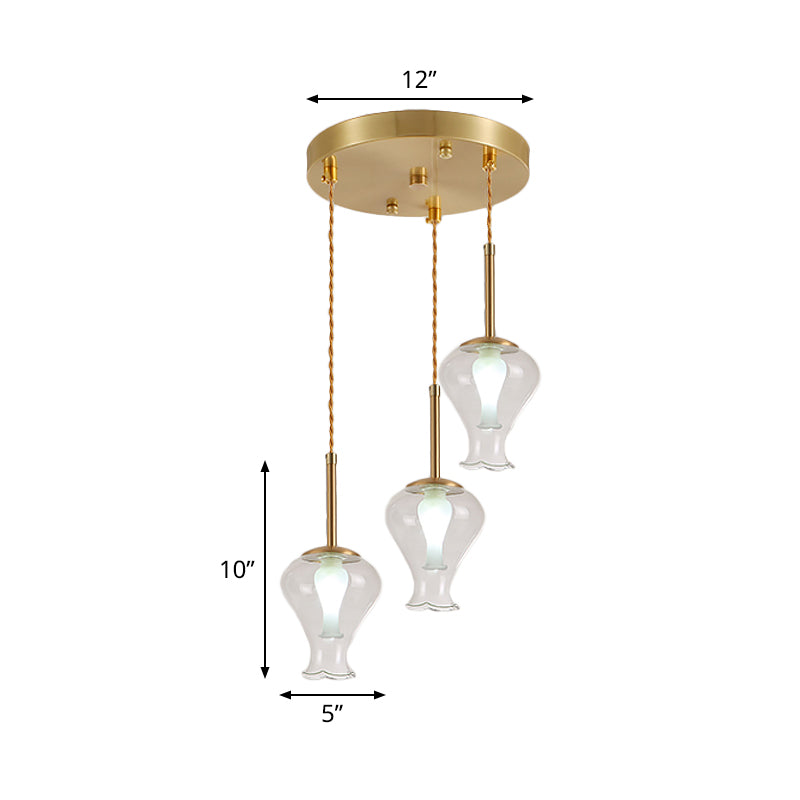 Modern Clear Glass Vase Ceiling Light With 3 Brass Pendant Lights For Dining Room