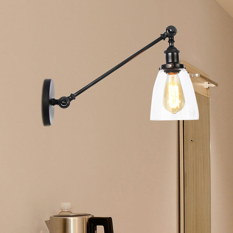 Industrial Style Clear Glass 1-Light Wall Sconce With Arm 8/12 Length - Black/Bronze/Brass Finish