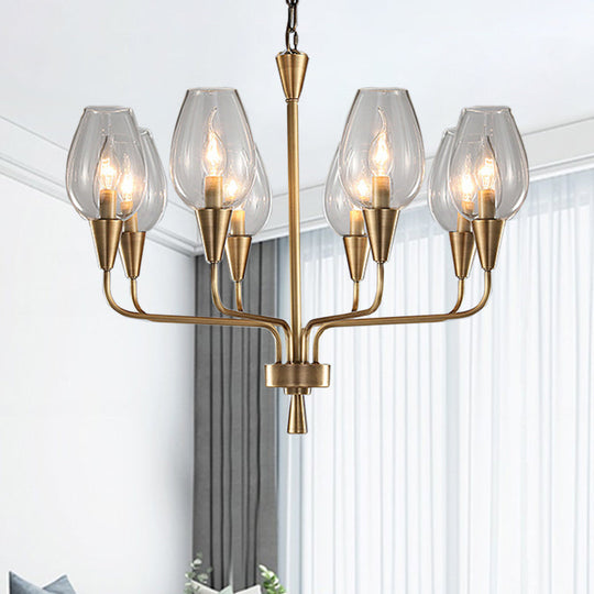 Modern Clear Glass Hanging Pendant Chandelier with 8-Head Lighting, Brass Finish & Curved Arm