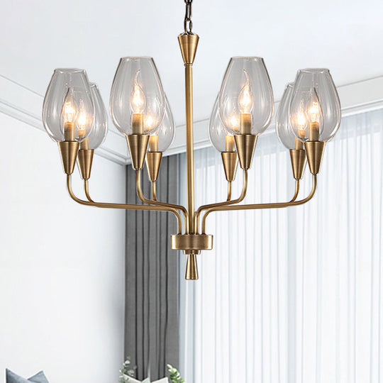 Modern Clear Glass Cup Pendant Chandelier With 8-Head Brass Frame And Curved Arms