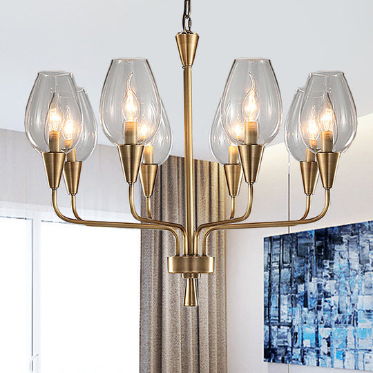 Modern Clear Glass Hanging Pendant Chandelier with 8-Head Lighting, Brass Finish & Curved Arm