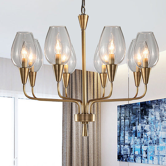Modern Clear Glass Cup Pendant Chandelier With 8-Head Brass Frame And Curved Arms