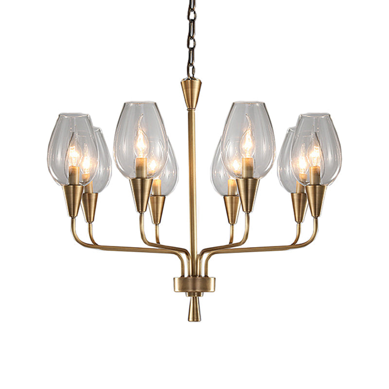 Modern Clear Glass Hanging Pendant Chandelier with 8-Head Lighting, Brass Finish & Curved Arm