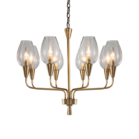 Modern Clear Glass Hanging Pendant Chandelier with 8-Head Lighting, Brass Finish & Curved Arm