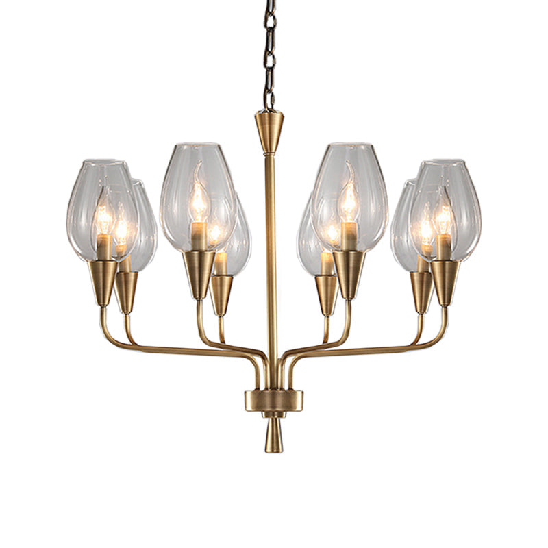 Modern Clear Glass Cup Pendant Chandelier With 8-Head Brass Frame And Curved Arms