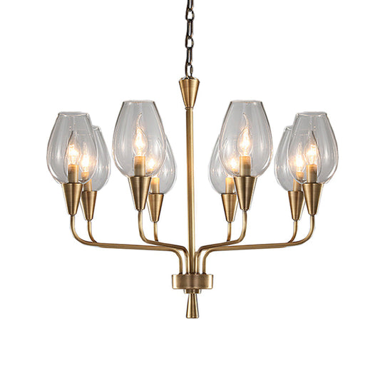 Modern Clear Glass Cup Pendant Chandelier With 8-Head Brass Frame And Curved Arms