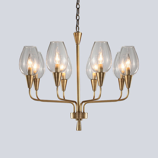 Modern Clear Glass Hanging Pendant Chandelier with 8-Head Lighting, Brass Finish & Curved Arm