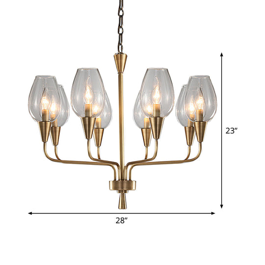 Modern Clear Glass Hanging Pendant Chandelier with 8-Head Lighting, Brass Finish & Curved Arm