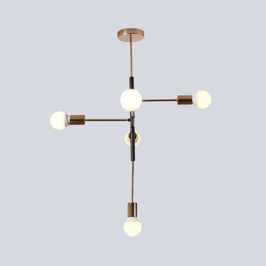 Minimalist Metal Linear Chandelier - 5-Light Brass Hanging Lamp For Living Room