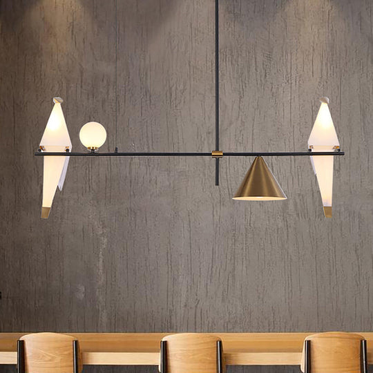 Black Metal Pendant Chandelier With Modern Paper Crane Design And Cone Shades - Ideal For Dining
