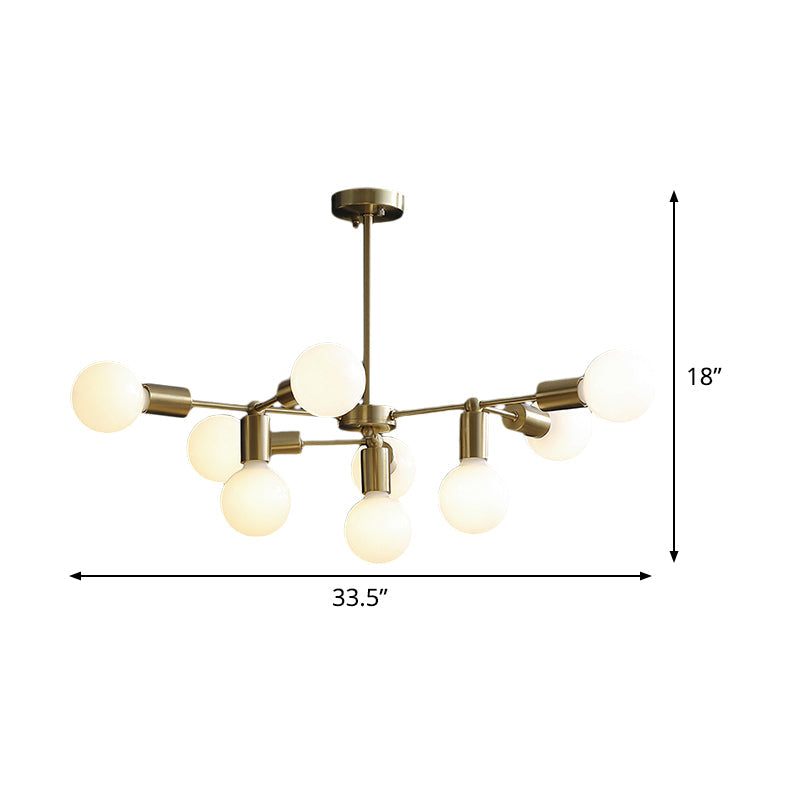 Modern Brass Modo Pendant Chandelier with 9 Frosted White Glass Lights - Branch Design