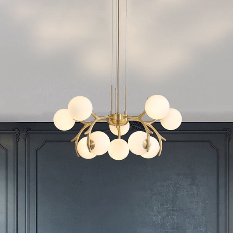 Modern Brass Pendant Chandelier With Antler Arm - White Glass 10-Bulb Sphere Design For Bedroom