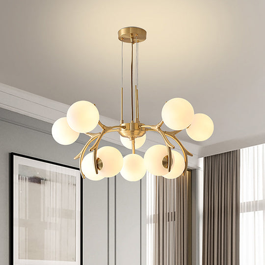 Sleek Modern Brass Pendant Chandelier with 10 White Glass Bulbs for Bedroom Ceiling - Antler Arm Design