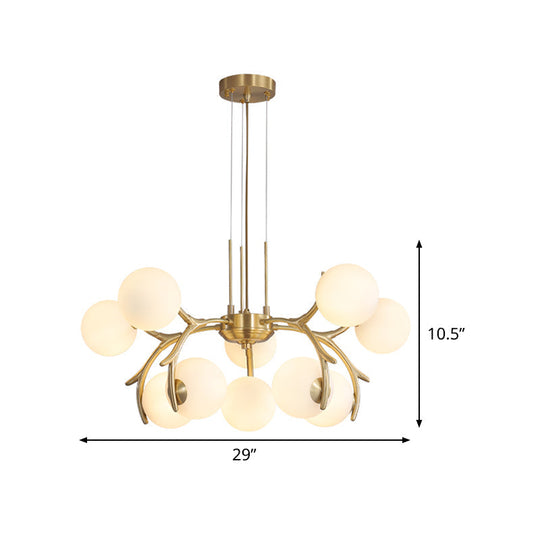 Modern Brass Pendant Chandelier With Antler Arm - White Glass 10-Bulb Sphere Design For Bedroom