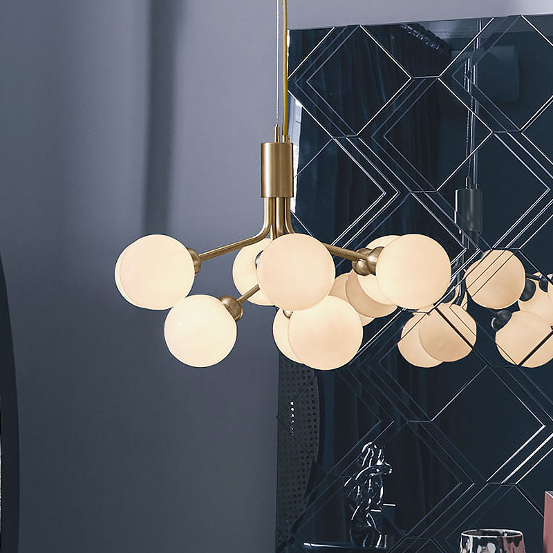 Modern Brass Chandelier with Cream Glass Shades - 9 Bulb Molecular Hanging Lamp