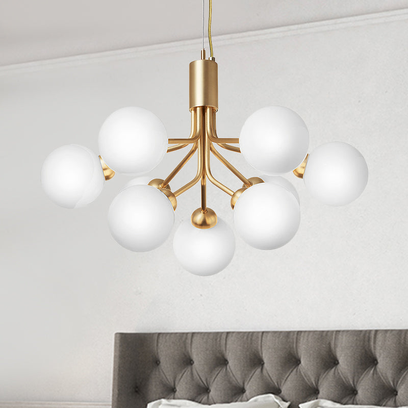 Modern Brass Chandelier with Cream Glass Shades - 9 Bulb Molecular Hanging Lamp