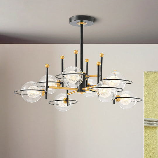 Modern Black Round Ceiling Light Fixture With Clear Glass - 8-Light Vertical Chandelier Pendant Lamp