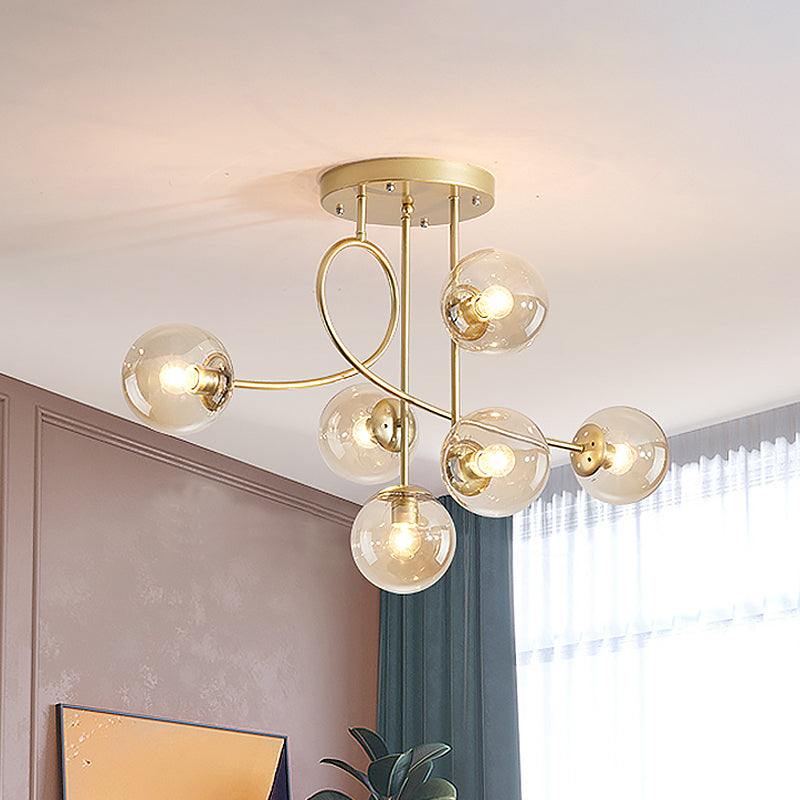 Contemporary 6-Light Chandelier With Clear Glass Shades - Brass Global Ceiling Fixture