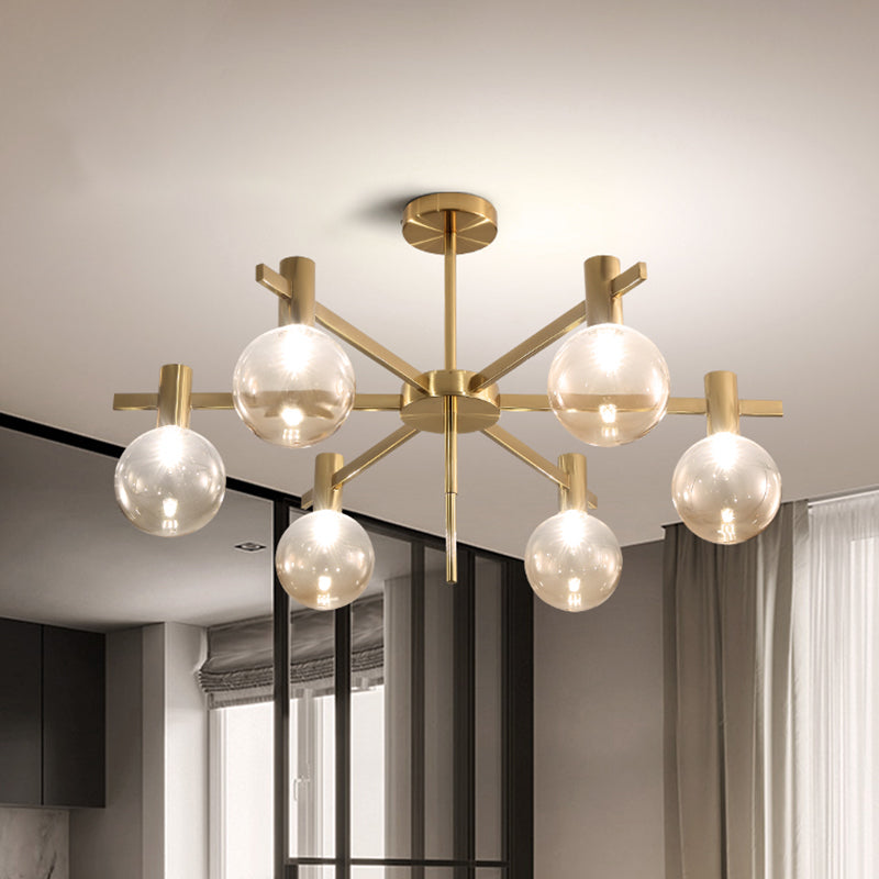Post-Modern Led Chandelier With Clear Glass And Brass Finish - 6-Bulb Hanging Lamp Kit
