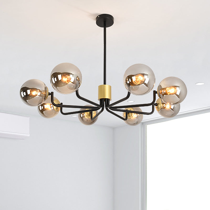 Modern 8-Head Brass And Black Chandelier With Grey Glass Spherical Suspension Radial Design