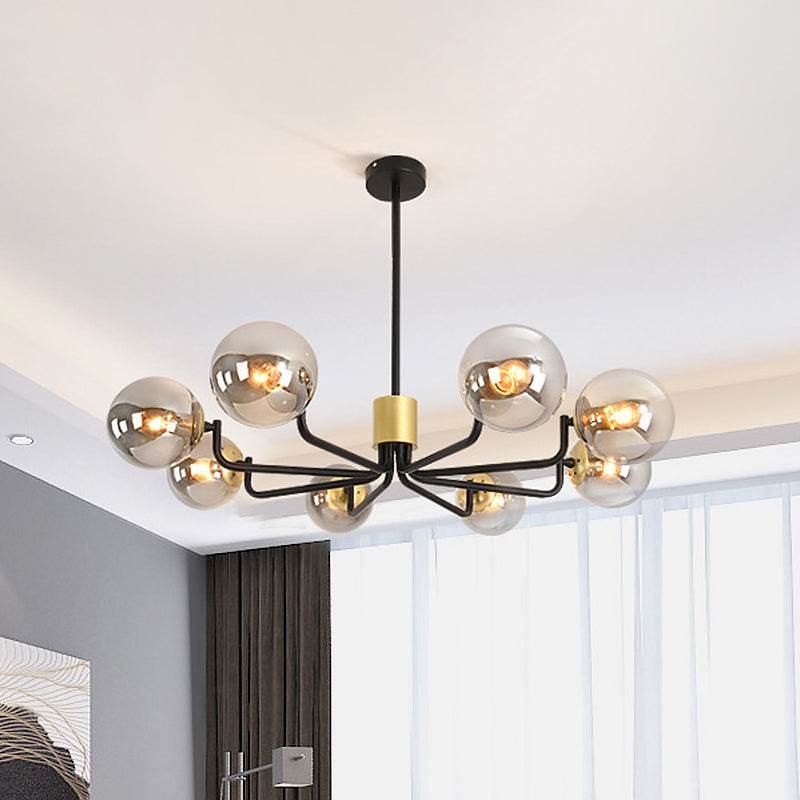 Modern 8-Head Brass And Black Chandelier With Grey Glass Spherical Suspension Radial Design