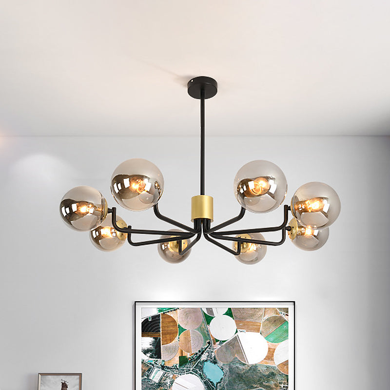 Sleek Grey Glass Spherical Suspension Light - Post Modern 8-Head Brass & Black Chandelier with Radial Design