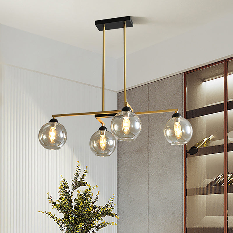 Brass 4-Light Linear Chandelier with Clear Globe Glass Shade for Dining Room Down Lighting
