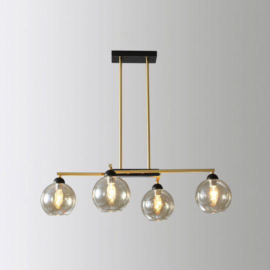 Brass 4-Light Linear Chandelier with Clear Globe Glass Shade for Dining Room Down Lighting