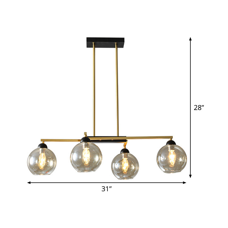 Brass 4-Light Linear Chandelier with Clear Globe Glass Shade for Dining Room Down Lighting