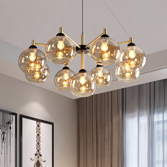 Modern Amber Glass Chandelier - 9 Bulb Ceiling Fixture in Brass for Living Room