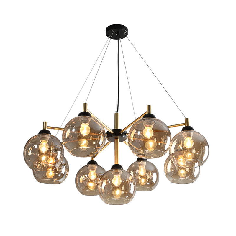 Modern Amber Glass Chandelier - 9 Bulb Ceiling Fixture in Brass for Living Room