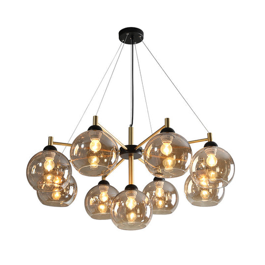 Modern Amber Glass Globe Chandelier With 9 Bulbs - Brass Ceiling Hanging Fixture For Living Room
