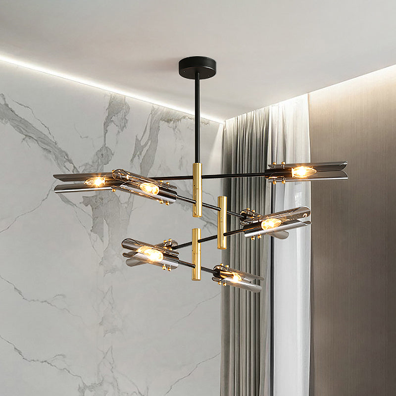 Modern Smoke Gray Glass Chandelier With 8 Black And Brass Pendant Lights