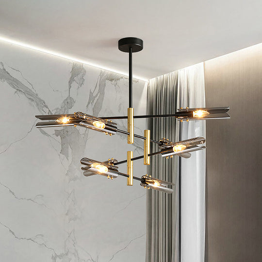 Modern Smoke Gray Glass Chandelier With 8 Black And Brass Pendant Lights