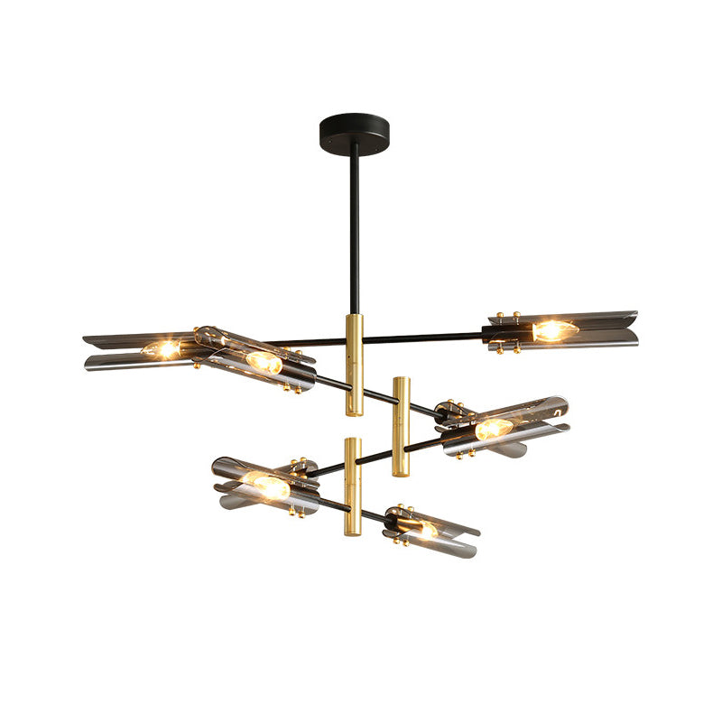 Modern Smoke Gray Glass Chandelier With 8 Black And Brass Pendant Lights