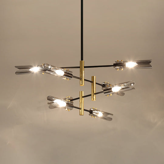 Smoke Gray Glass Tubular Chandelier - Modern 8-Head Ceiling Pendant Lamp with Black & Brass Finish