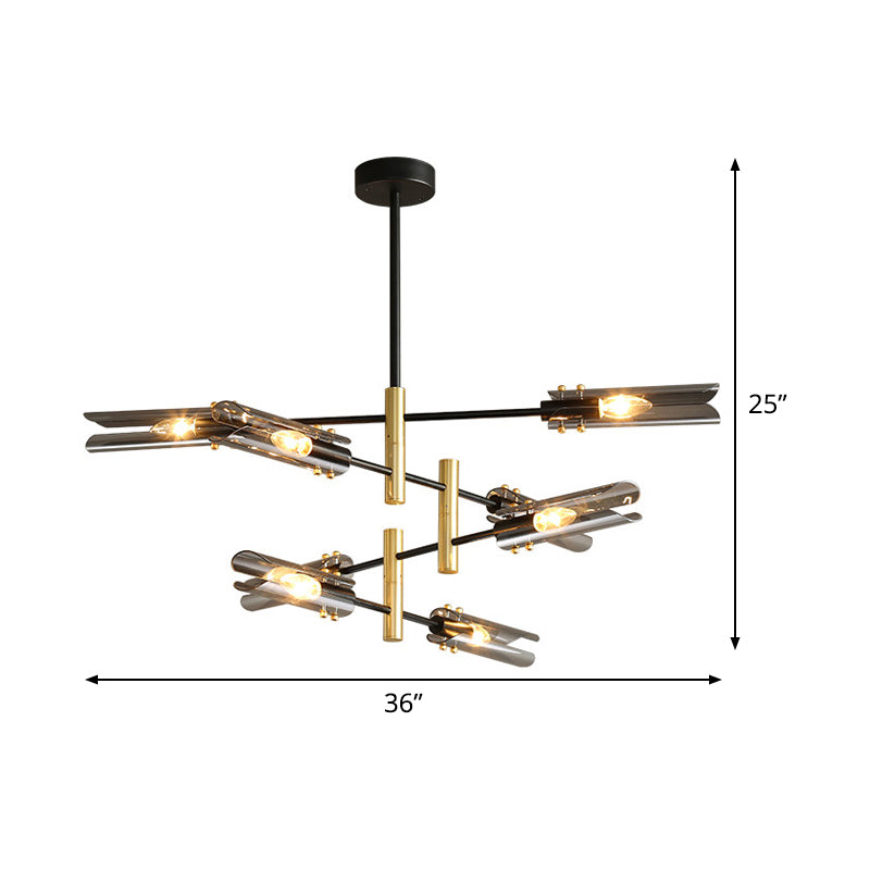 Modern Smoke Gray Glass Chandelier With 8 Black And Brass Pendant Lights