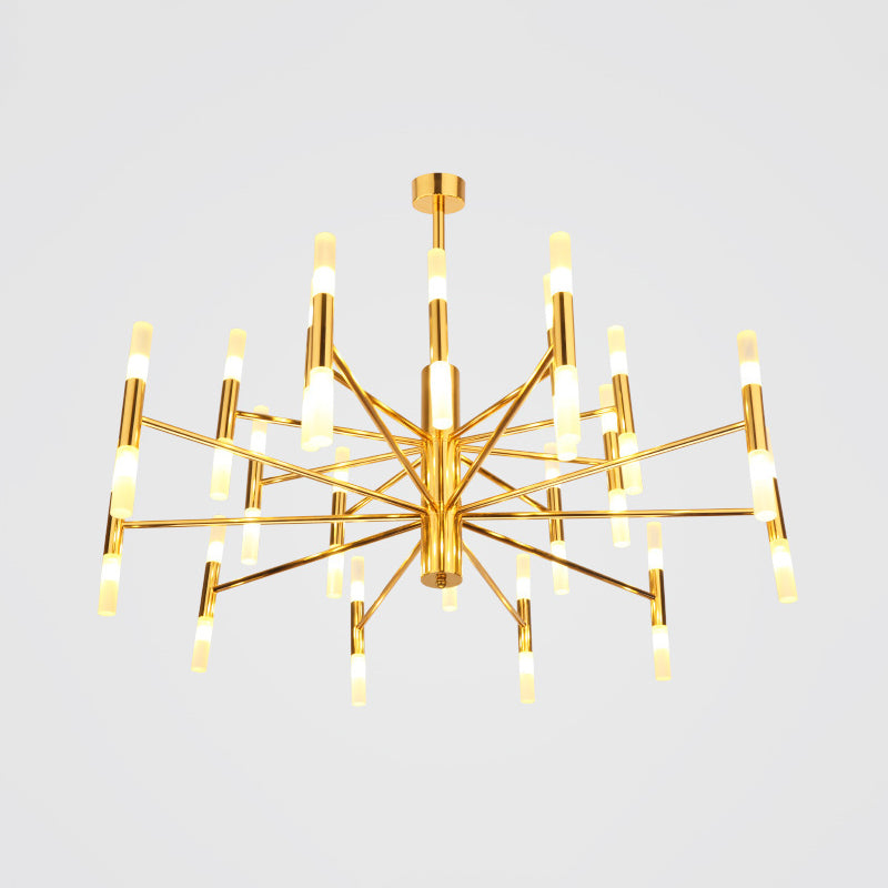 Sleek 2-Tier Brass Tube Pendant Chandelier - Minimalist 40-Light Ceiling Fixture for Living Room