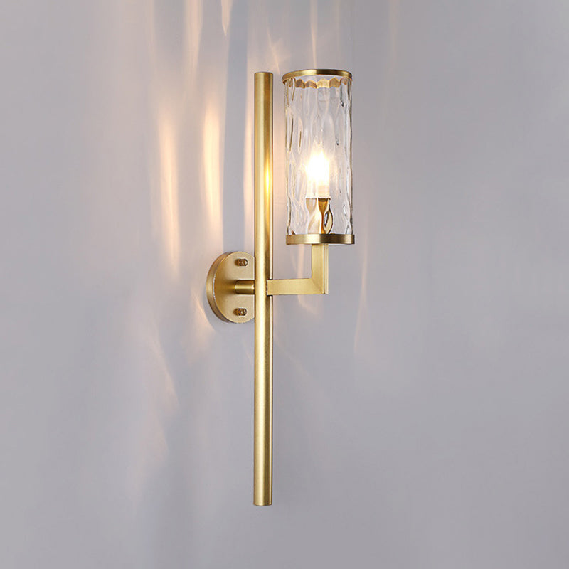 Brass Modernist Cylinder Sconce Light Fixture With Clear Water Glass - Corner Wall Lamp (1 Light)
