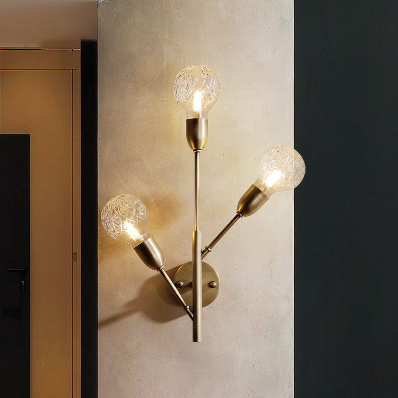 Post-Modern Brass Wall Sconce With Clear Lattice Glass And 3 Branch Lights