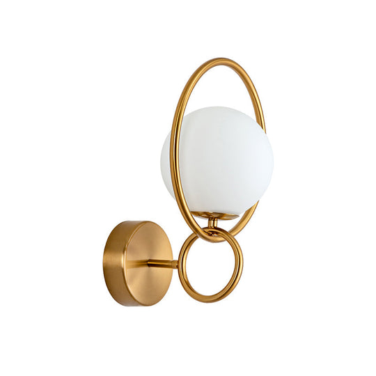Modern 1-Bulb Brass Finish Wall Lamp With Opal Glass Shade