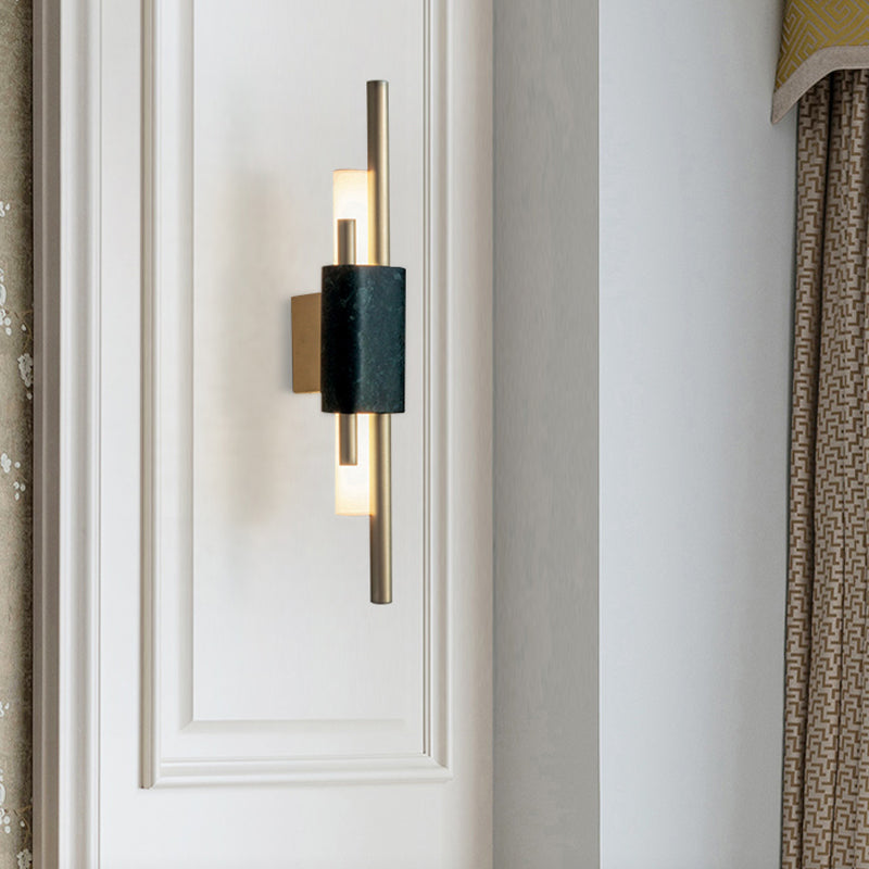 Modern Brass Led Wall Sconce With Slim Tube Design And Black Marble Deco Blackish Green