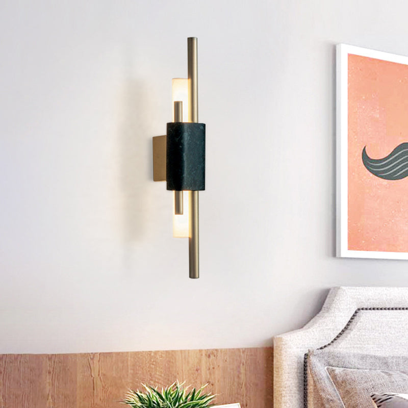 Modern Brass Led Wall Sconce With Slim Tube Design And Black Marble Deco