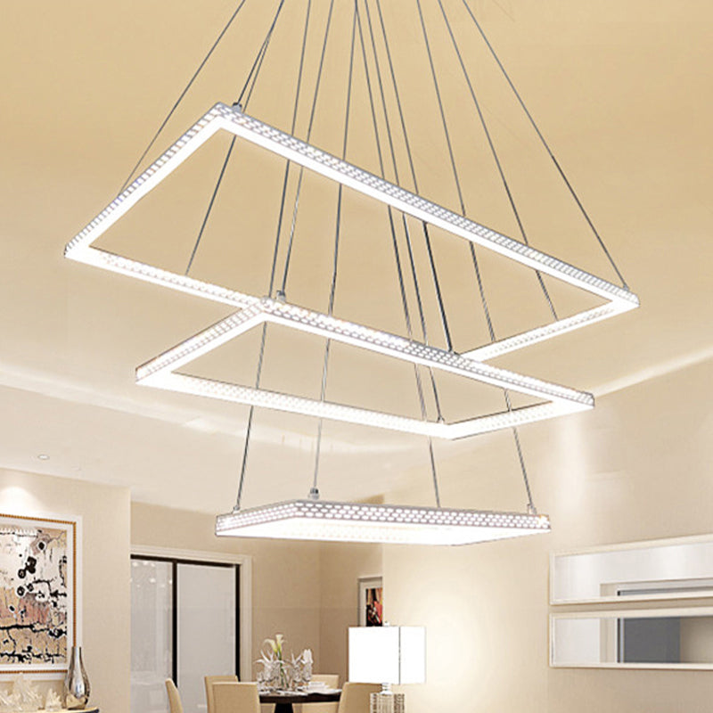 Modern 3-Light White Rectangular Chandelier - Ceiling Pendant Lamp Fixture in Multiple Lighting Options