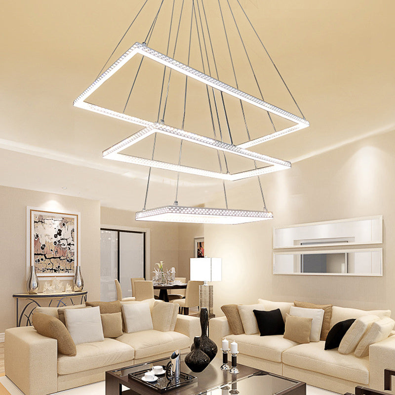 Modern 3-Light White Rectangular Chandelier - Ceiling Pendant Lamp Fixture in Multiple Lighting Options