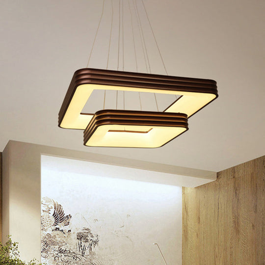 Modern 2-Tier Square Metal LED Chandelier in Brown for Living Room Ceiling - White/Warm/Natural Light