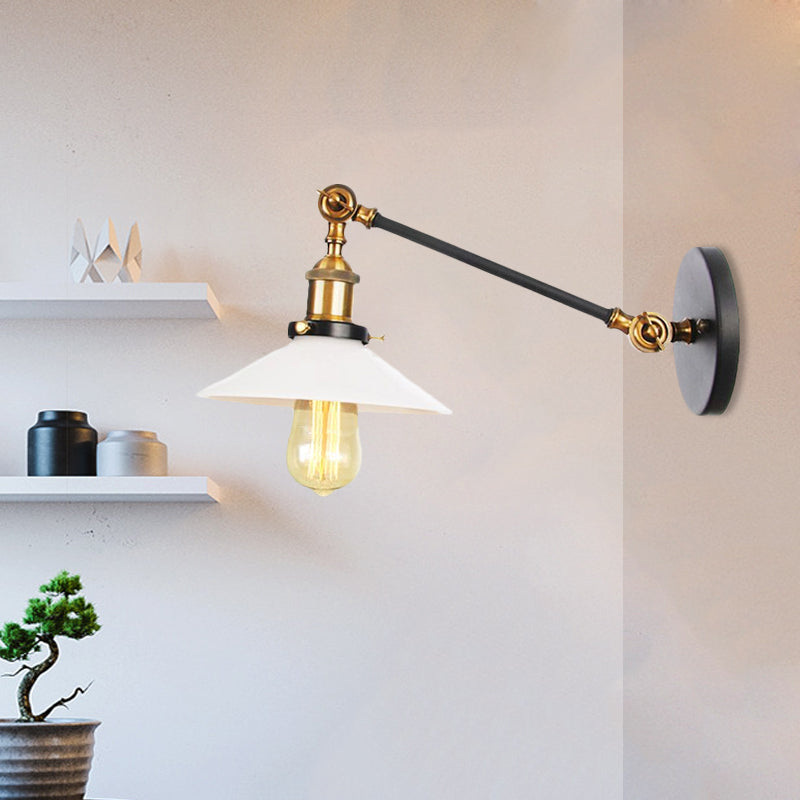 Industrial Conical Sconce Light With Opal Glass - Black/Bronze/Brass Finish Arm Mount 8/12 L Brass /